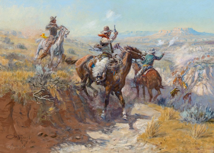 "Smokin' 'em Out," oil on canvas, painted in 1906 by Charles M. Russell (1864-1926)
